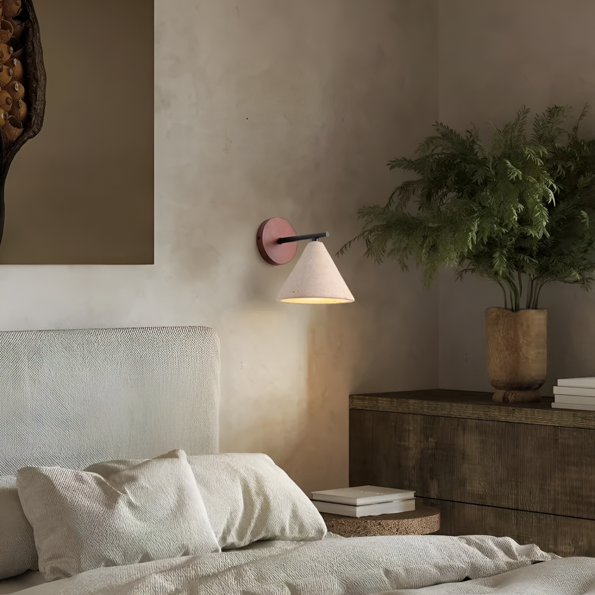 Cone-Shaped Stone Wall Sconce with Wood Base for Bedrooms, Hallways & Entryways – Ambient Downlight Fixture, E26 Socket, Warm Natural Textur