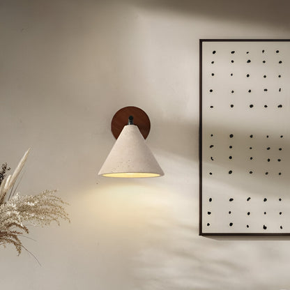 Cone-Shaped Stone Wall Sconce with Wood Base for Bedrooms, Hallways & Entryways – Ambient Downlight Fixture, E26 Socket, Warm Natural Textur
