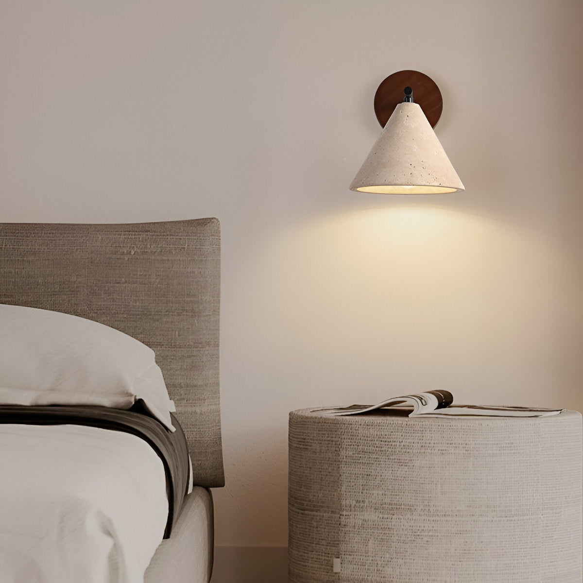 Cone-Shaped Stone Wall Sconce with Wood Base for Bedrooms, Hallways & Entryways – Ambient Downlight Fixture, E26 Socket, Warm Natural Textur