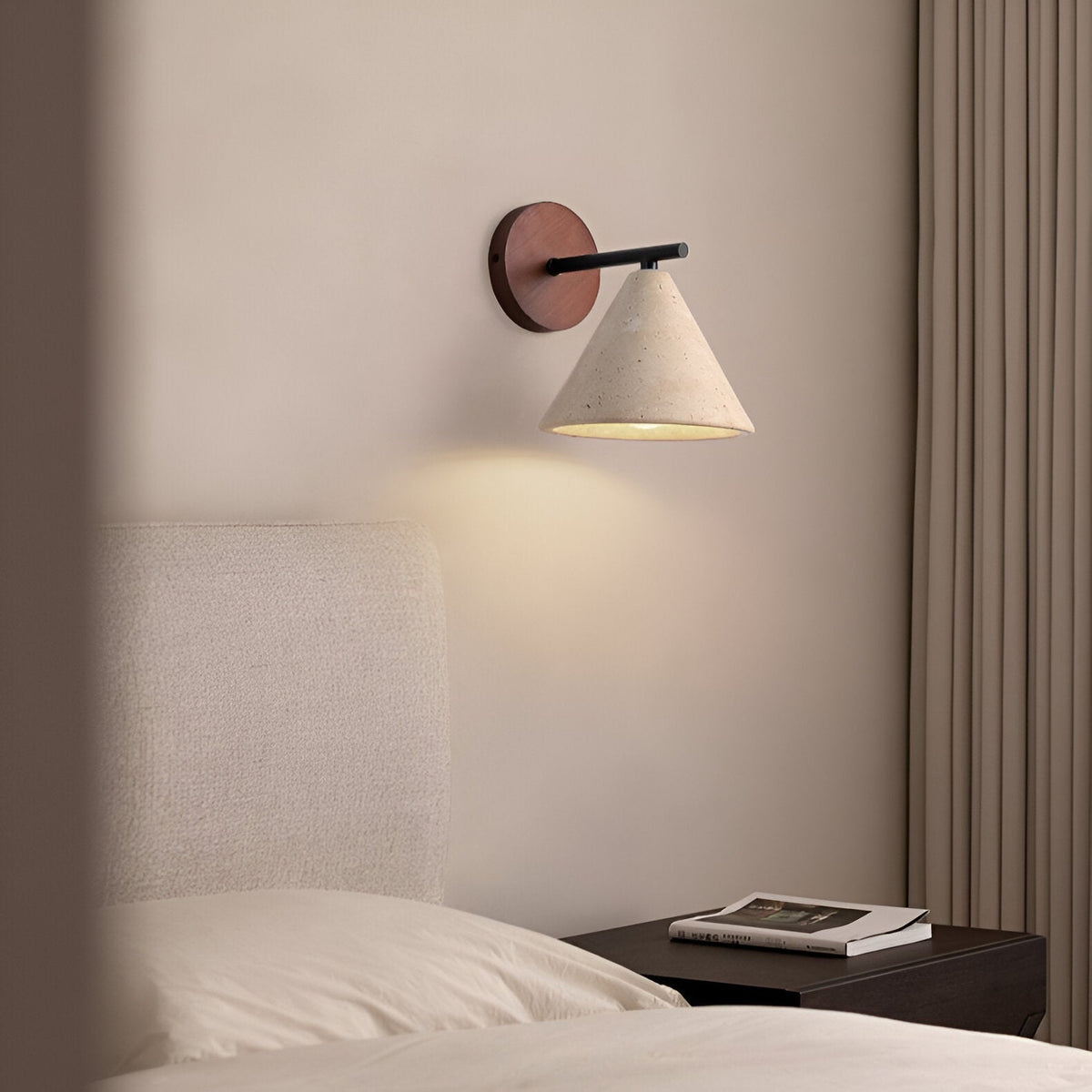Cone-Shaped Stone Wall Sconce with Wood Base for Bedrooms, Hallways & Entryways – Ambient Downlight Fixture, E26 Socket, Warm Natural Textur