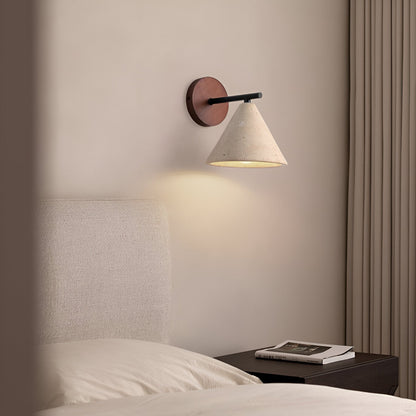 Cone-Shaped Stone Wall Sconce with Wood Base for Bedrooms, Hallways & Entryways – Ambient Downlight Fixture, E26 Socket, Warm Natural Textur