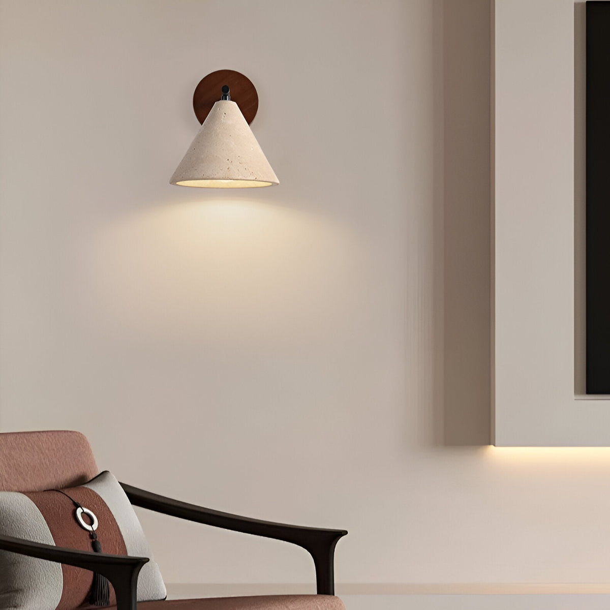 Cone-Shaped Stone Wall Sconce with Wood Base for Bedrooms, Hallways & Entryways – Ambient Downlight Fixture, E26 Socket, Warm Natural Textur