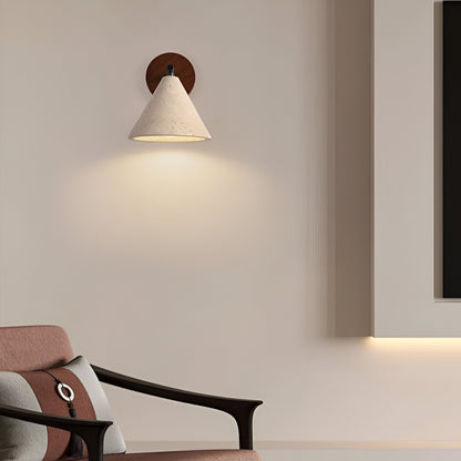 Cone-Shaped Stone Wall Sconce with Wood Base for Bedrooms, Hallways & Entryways – Ambient Downlight Fixture, E26 Socket, Warm Natural Textur