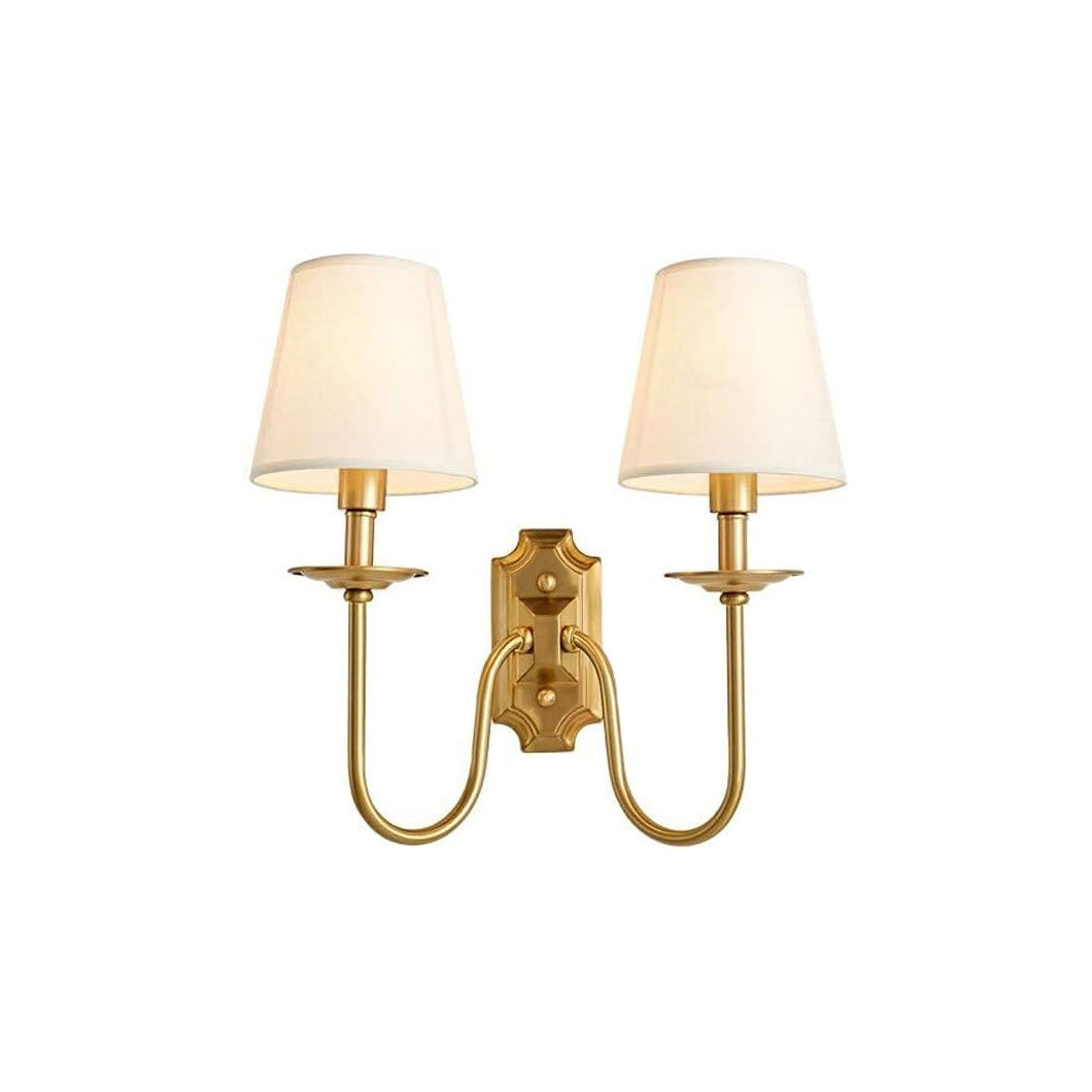 Fabric Sconce with Two Arms for Bedroom & Living Room – Brass Finish, Soft White Shades, E12/E14 Socket, Hardwired, 110-120V, Covers 54-108
