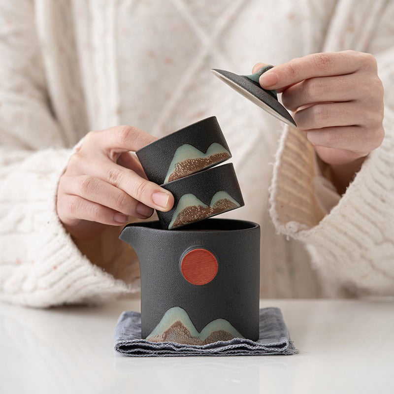 Ceramic Loose Leaf Tea Brewing Kit with Built-In Filter, Wooden Handle Teapot & Cups, Portable Tea Set for Camping, Office & Outdoor Use
