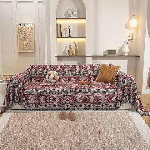 Ortekor Zarela | Boho Chenille Sofa Cover with Jacquard Design & Tassel Edges | Stylish Protection for Home Decor