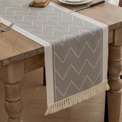 Fringed Woven Runner for Dining Tables – Zigzag Textured Microfiber Protection with Sandstone Tones – Coffee Table Accent for Modern and Min