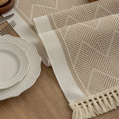 Fringed Woven Runner for Dining Tables – Zigzag Textured Microfiber Protection with Sandstone Tones – Coffee Table Accent for Modern and Min