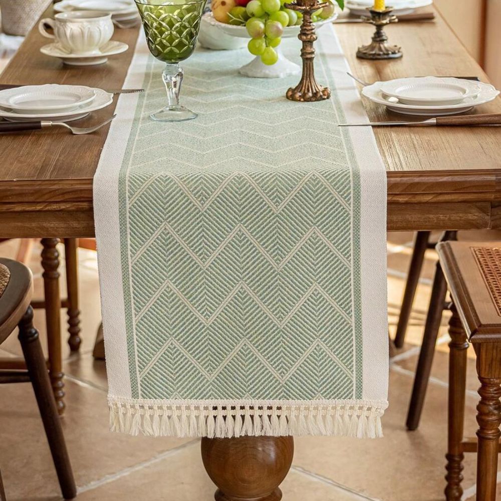 Fringed Woven Runner for Dining Tables – Zigzag Textured Microfiber Protection with Sandstone Tones – Coffee Table Accent for Modern and Min