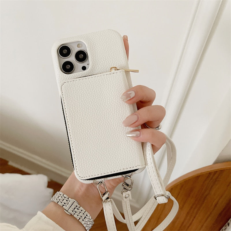 iPhone Wallet Case with Detachable Crossbody Strap & Card Holder – Hands-Free Phone Pouch for Women & Men – Vegan Leather Cover with