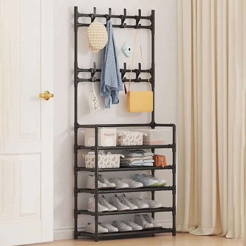 Vertical Entryway Organizer 67 in Tall Steel Frame Hallway Stand Five-Tier Footwear Storage Multi-Level Design for Apartments Coats Bags Acc