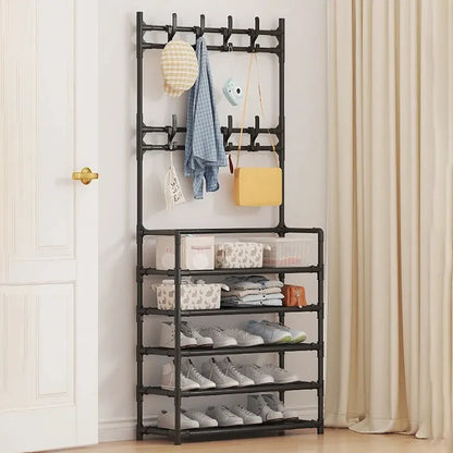Vertical Entryway Organizer 67 in Tall Steel Frame Hallway Stand Five-Tier Footwear Storage Multi-Level Design for Apartments Coats Bags Acc
