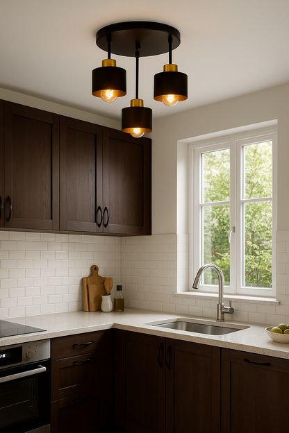 Three-Light Flush Mount Fixture Steel 12-Inch Black Gold Ceiling Lamp E27 for Dining Room Bedroom Hallway Modern Industrial Home Lighting