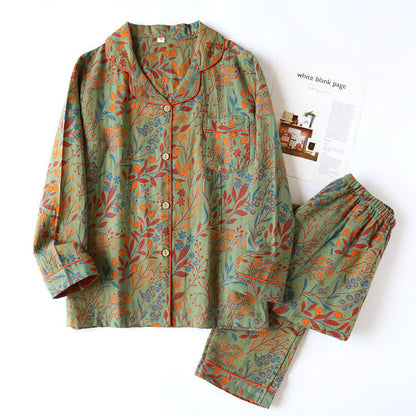 Women's Cotton Pajama Set with Botanical Leaf Print & Button-Down Top for Lounging