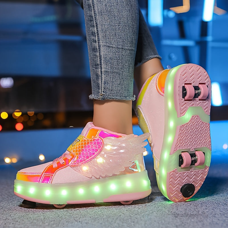 LED Light-Up Wheeled Sneakers for Kids – Pink Canvas High-Top with Wing Design & USB Charging for Girls & Teens