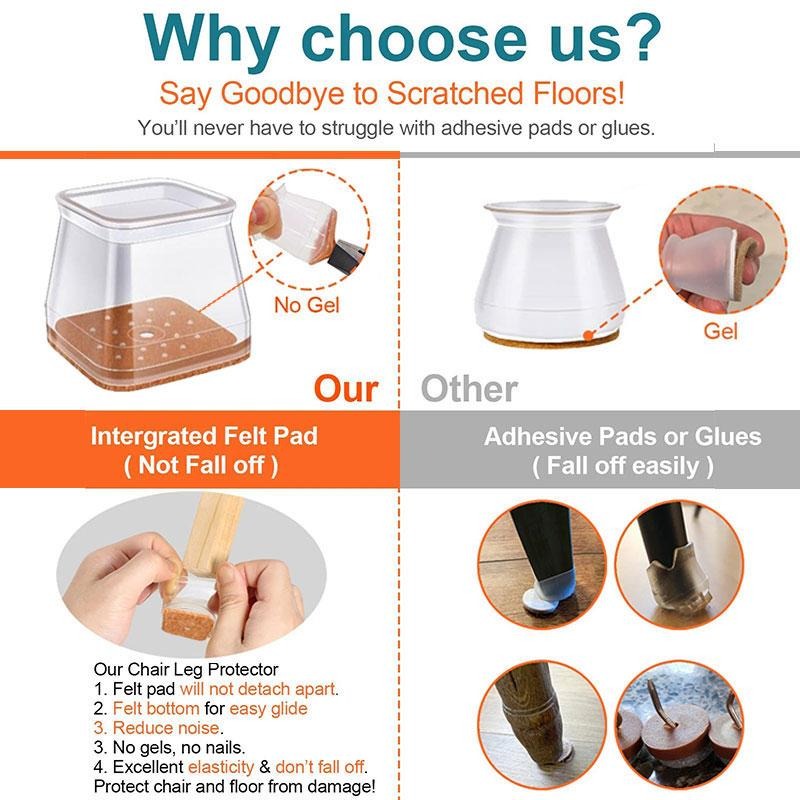 Clear Silicone Chair Leg Caps with Integrated Felt Pads for Smooth Sliding