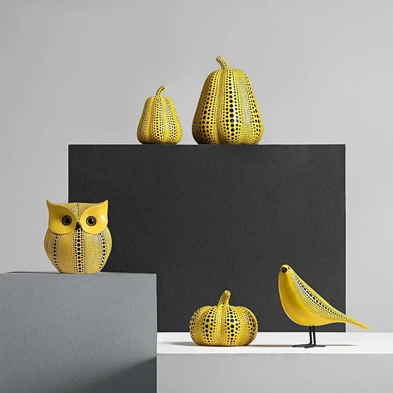 Yellow Resin Figurines Tabletop Accents Set Contemporary Shelf Decor Owl Pear Pumpkin Bird Sculptures 8 Inch Statement Pieces for Coffee Tab