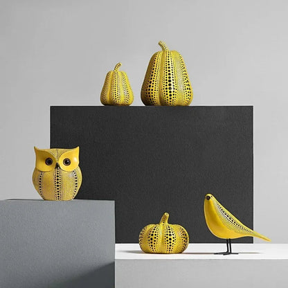 Yellow Resin Figurines Tabletop Accents Set Contemporary Shelf Decor Owl Pear Pumpkin Bird Sculptures 8 Inch Statement Pieces for Coffee Tab