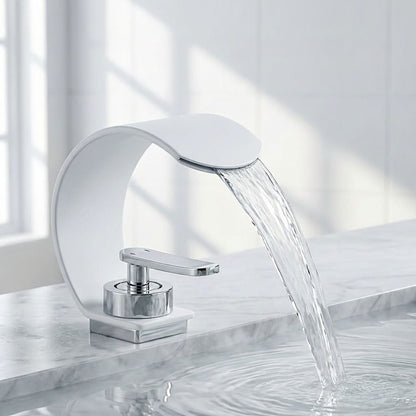 Curved Waterfall Bathroom Sink Faucet with Mirror Finish – Single Handle Hot & Cold Mixer Tap for Modern Vanity & Basin – Polished