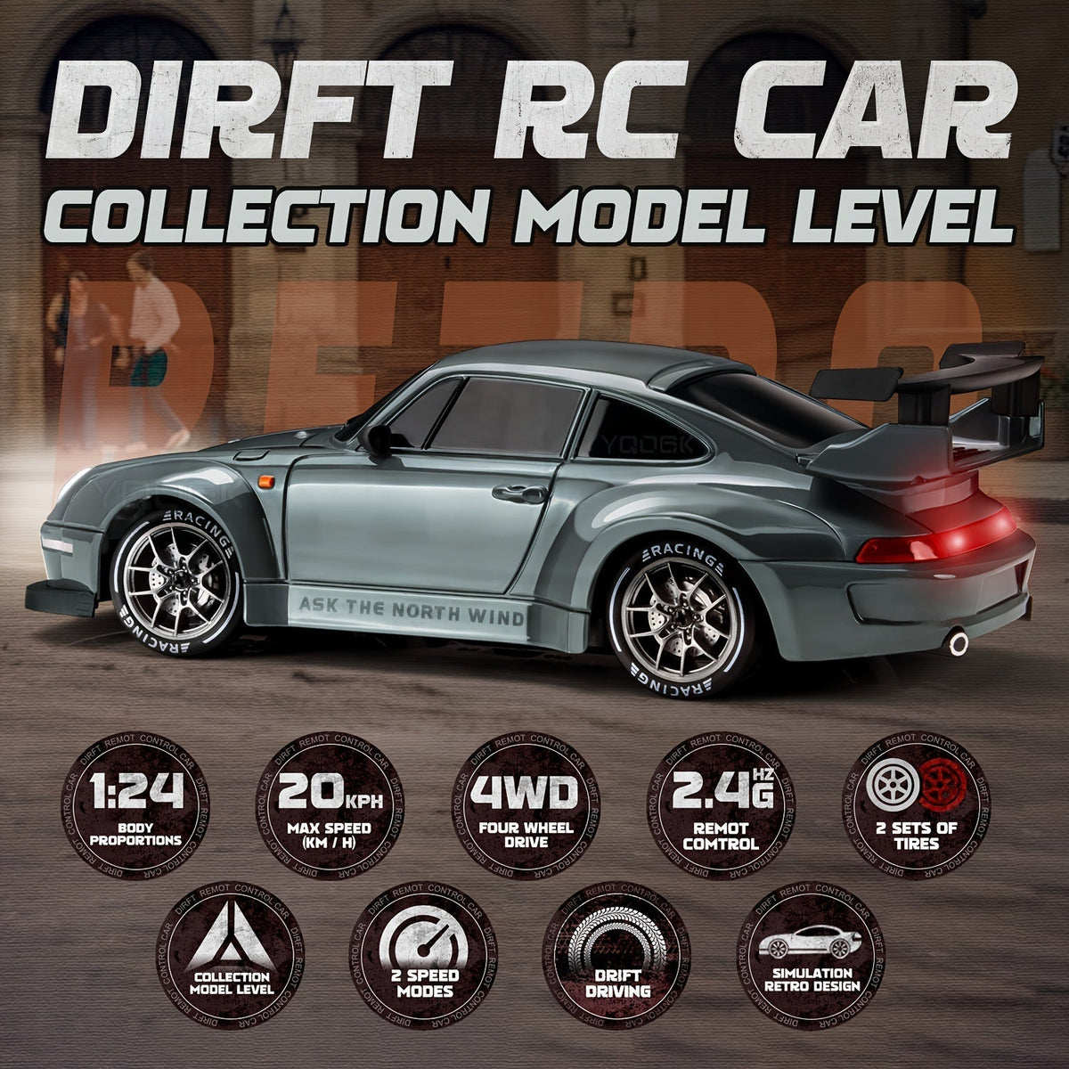 4WD Remote Control Racing Car with Light-Up Wheels – Gray 1:24 Scale Rechargeable Drift Vehicle for Kids & Hobbyists