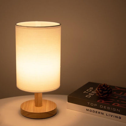 Natural Wood & Linen Table Lamp with Remote Control – Dimmable LED Touch Lamp for Bedroom, Nightstand, Desk – Minimalist Scandinavian