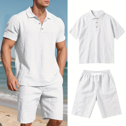 Men's Short-Sleeve Polo & Shorts Linen Set Summer Two-Piece Outfit Lightweight Breathable Casual Wear for Warm Weather
