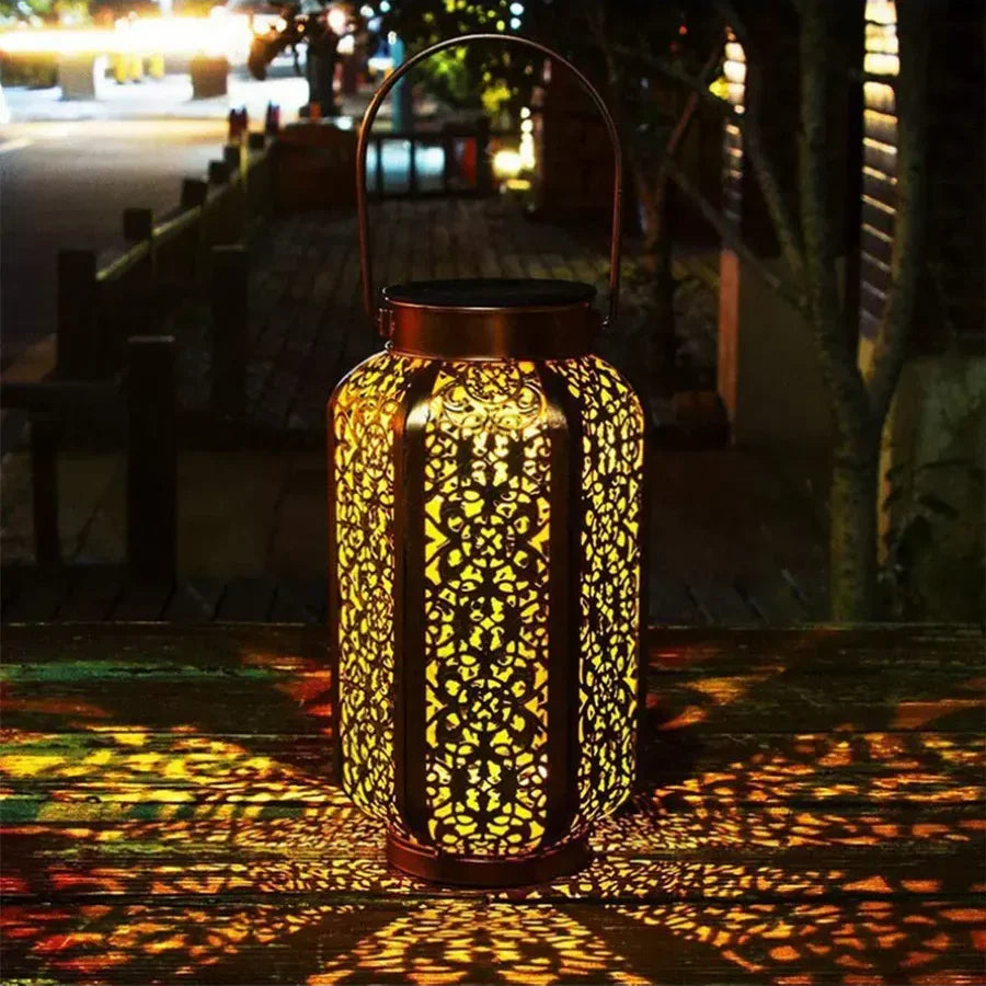 Sun-Charged Metal Garden Lantern with Cutout Moroccan Design for Porch, Deck & Yard Lighting