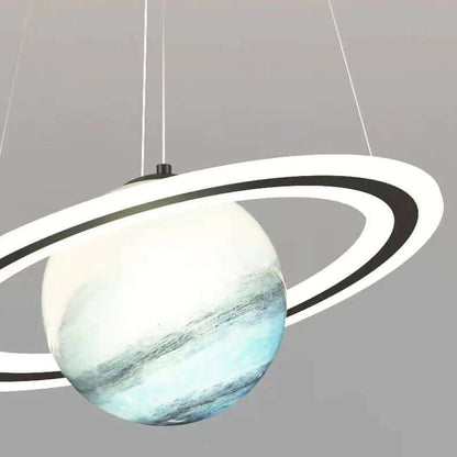 Hanging Space-Themed Fixture for Kids' Rooms Blue Acrylic Spherical Ceiling Lamp with LED Ring Light for Nursery Playroom Bedroom Decor Susp