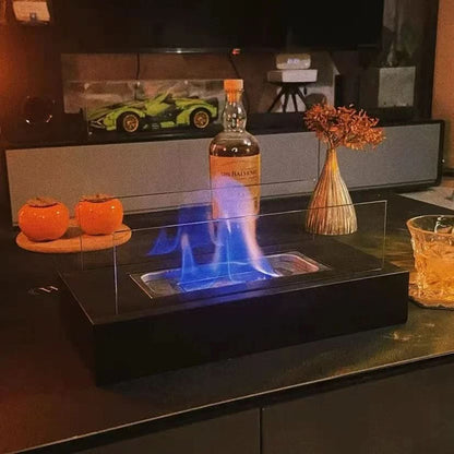 Compact Bioethanol Flame Bowl Steel & Glass 11 in Desk Fire Pit Indoor Outdoor Ambiance Heater Portable Eco Table Top Burner Living Room Pat