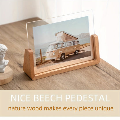 Clear Acrylic Photo Display Stand with Wood Base – Portrait or Landscape Picture Holder for Desk, Shelf, Bedroom Decor