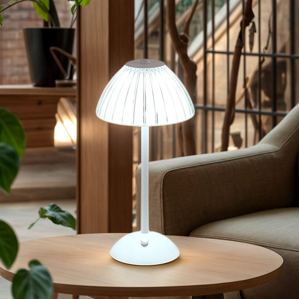 Rechargeable Touch LED Accent Lamp with Ribbed Glass Shade – Cordless Bedside Light for Nightstand, Dining Table, Restaurant – 3 Color