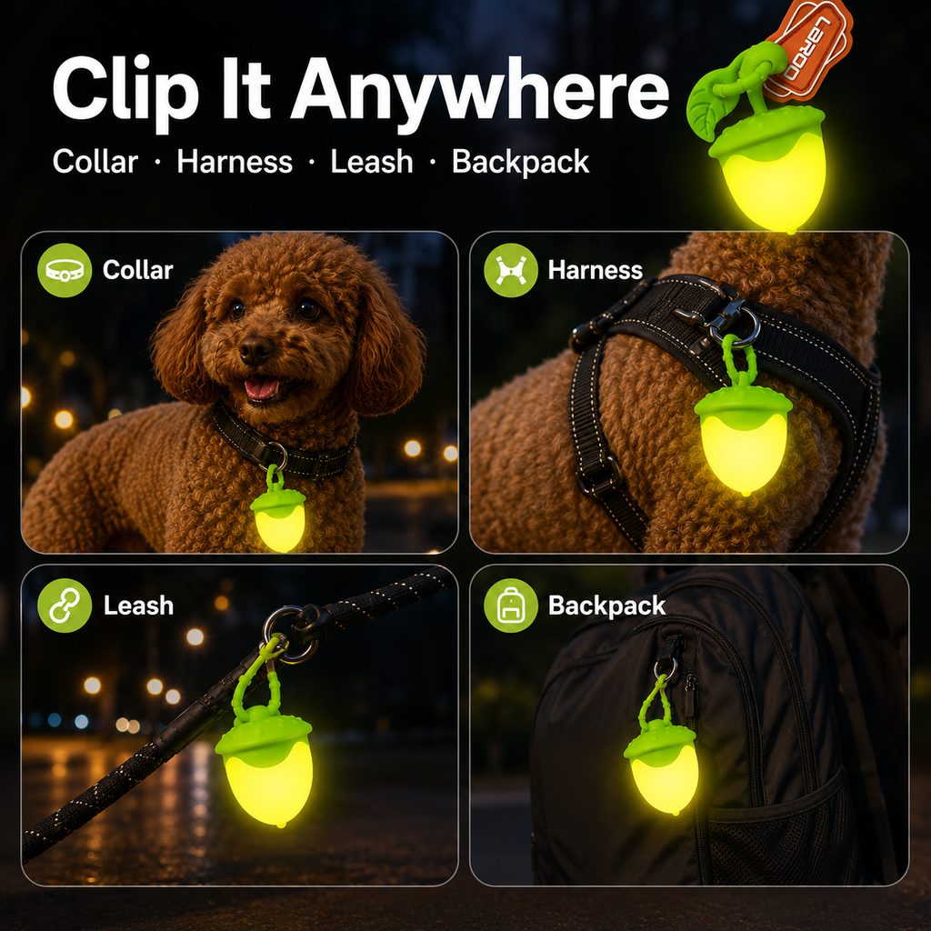Ortekor AcornGlow USB-C Rechargeable Pet Safety Light for Night Walks - Clip-On Acorn LED Charm for Collars, Harnesses & Leashes to Help Dogs Stay Visible After Dark