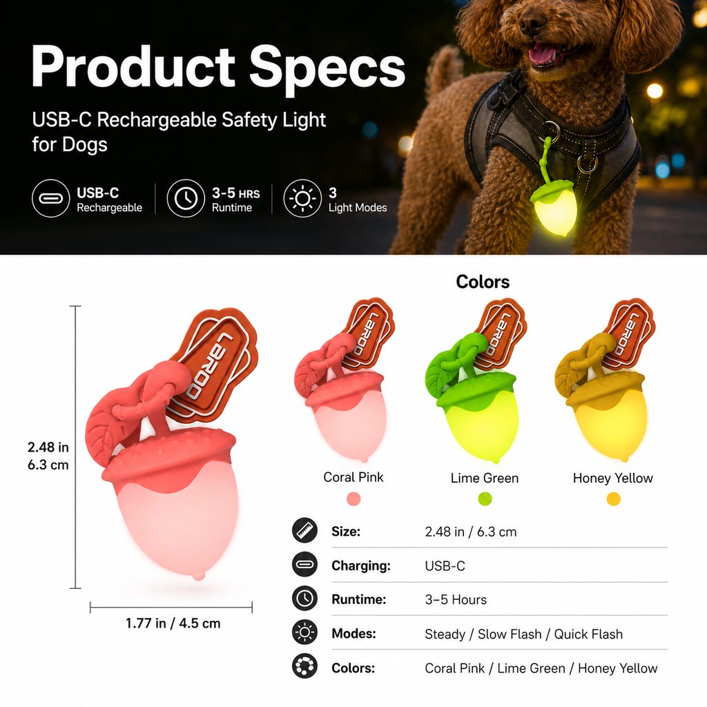 Ortekor AcornGlow USB-C Rechargeable Pet Safety Light for Night Walks - Clip-On Acorn LED Charm for Collars, Harnesses & Leashes to Help Dogs Stay Visible After Dark