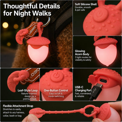 Ortekor AcornGlow USB-C Rechargeable Pet Safety Light for Night Walks - Clip-On Acorn LED Charm for Collars, Harnesses & Leashes to Help Dogs Stay Visible After Dark