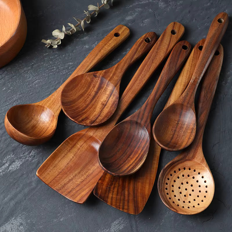 7-Piece Teak Wood Cooking Utensil Set – Natural Kitchen Tools for Non-Stick Cookware, Eco-Friendly Spatula Ladle Turner Spoon Collection