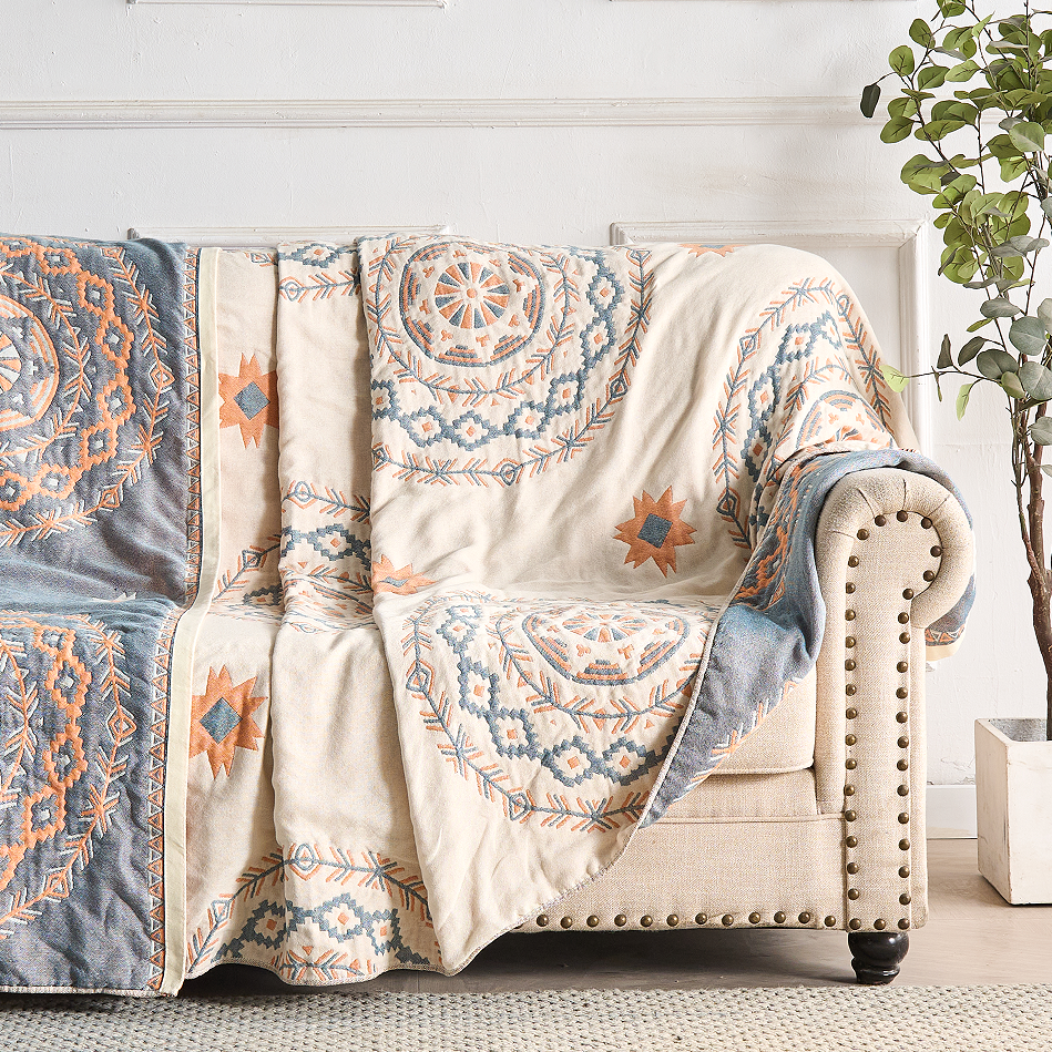 Cotton Throw Blanket with Mandala Pattern – Boho Geometric Design for Couch, Bed, Sofa – Lightweight Woven Coverlet for Living Room or