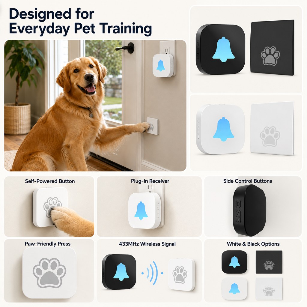 Ortekor Wireless Dog Doorbell for Potty Training - Self-Powered Paw Button & Plug-In Chime to Help Dogs Ask to Go Outside