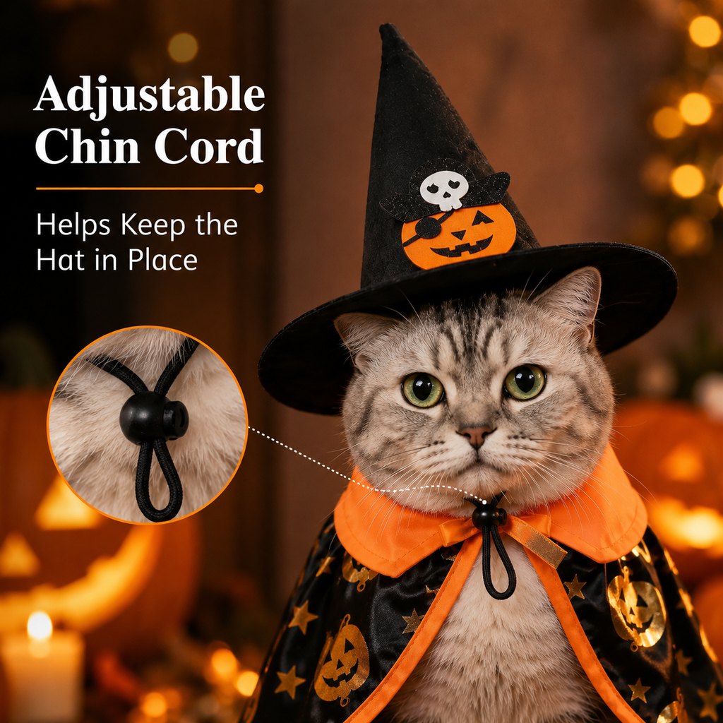 Ortekor Halloween Cat Witch Hat & Cape Costume Set for Party Photos - Easy Festive Look for Cats