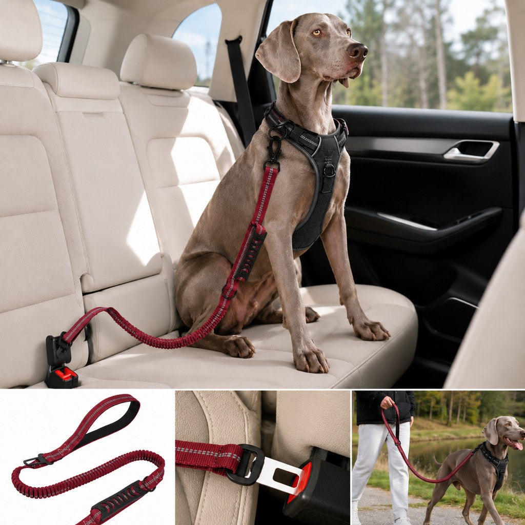 Ortekor Reflective Dog Car Seat Belt Leash for Backseat Travel & Daily Walks - Shock-Absorbing Bungee Tether to Help Reduce Pulling & Driver Distraction