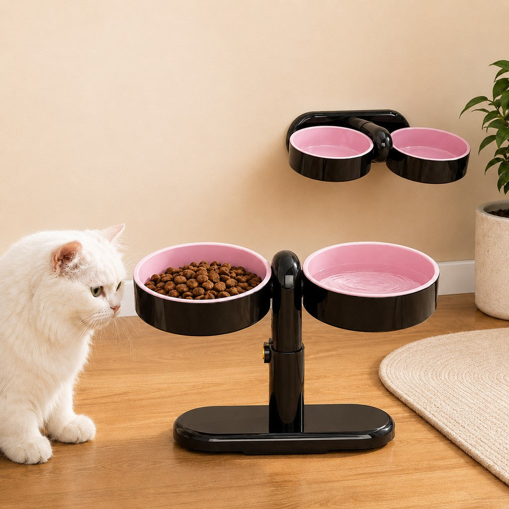 Ortekor Adjustable Elevated Pet Bowl for Cats & Small Dogs - Space-Saving Wall-Mount or Freestanding Feeder for Cleaner Mealtimes