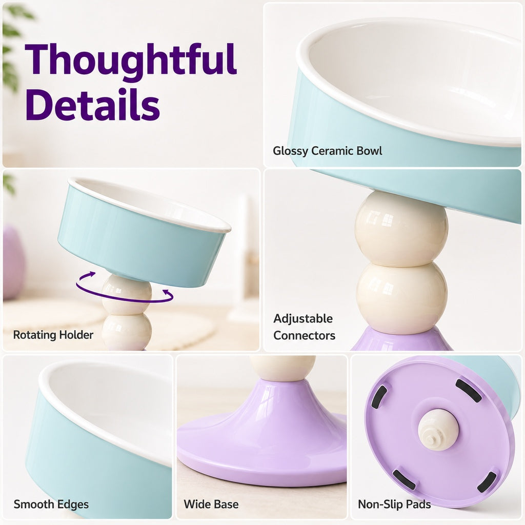 Ortekor Adjustable Elevated Pet Bowl for Cats & Small Dogs - 3 Height Modes for Comfortable Feeding