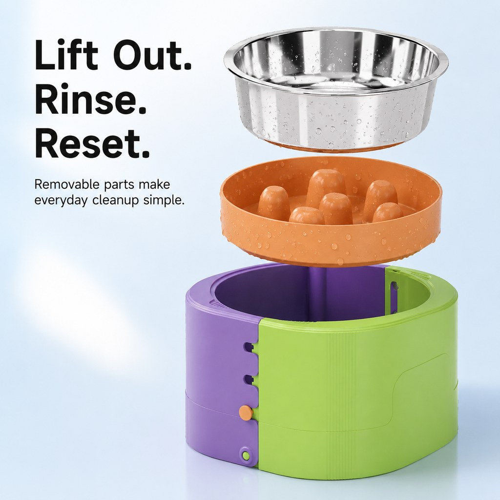 Ortekor 3-Level Adjustable Elevated Slow Feeder Bowl for Cats & Small Dogs - Stainless Steel Mealtime Bowl for Fast Eaters