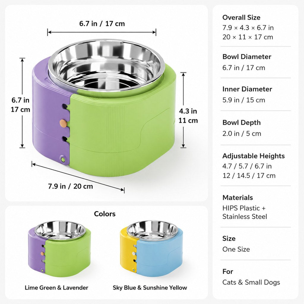 Ortekor 3-Level Adjustable Elevated Slow Feeder Bowl for Cats & Small Dogs - Stainless Steel Mealtime Bowl for Fast Eaters
