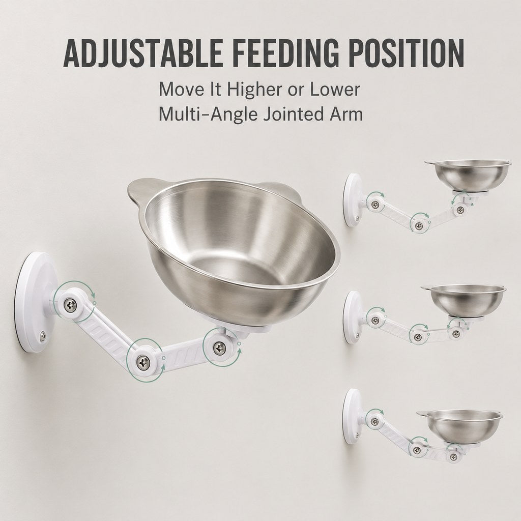 Ortekor Adjustable Wall-Mounted Pet Bowl for Cats & Small Dogs - Space-Saving Magnetic Stainless Steel Bowl
