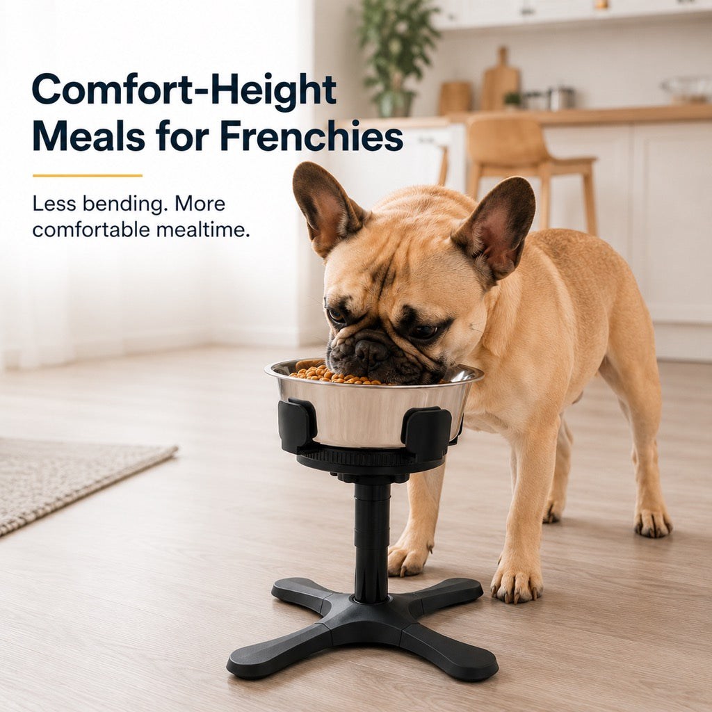 Ortekor French Bulldog Adjustable Elevated Tilted Dog Bowl for Kitchen Feeding Corners - 3-Height Stand with Slow Feeder Insert to Reduce Neck Bending & Mess