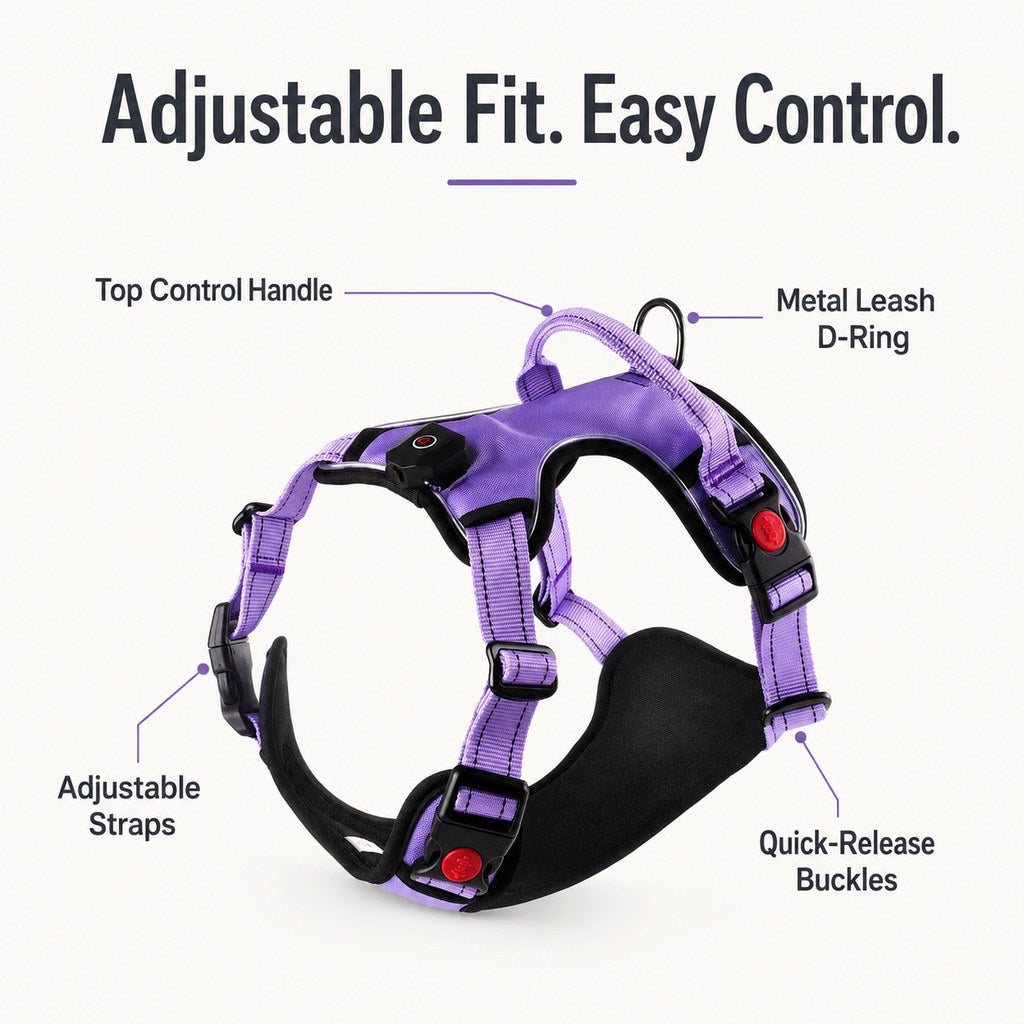 Ortekor Rechargeable LED Dog Harness for Night Walks - Back-Panel Glow & Reflective Webbing for Better Low-Light Visibility