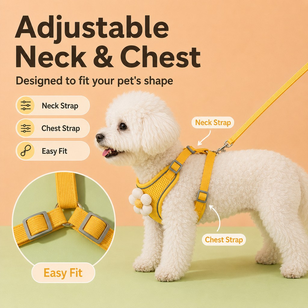 Ortekor Daisy Pet Harness & Leash Set for Daily Walks - Adjustable, Breathable Comfort for Small Dogs & Cats