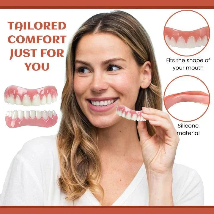 Snap-On Temporary Cosmetic Teeth Set Adjustable Silicone Denture Cover for Upper and Lower Gums Natural Look Smile Enhancement Easy