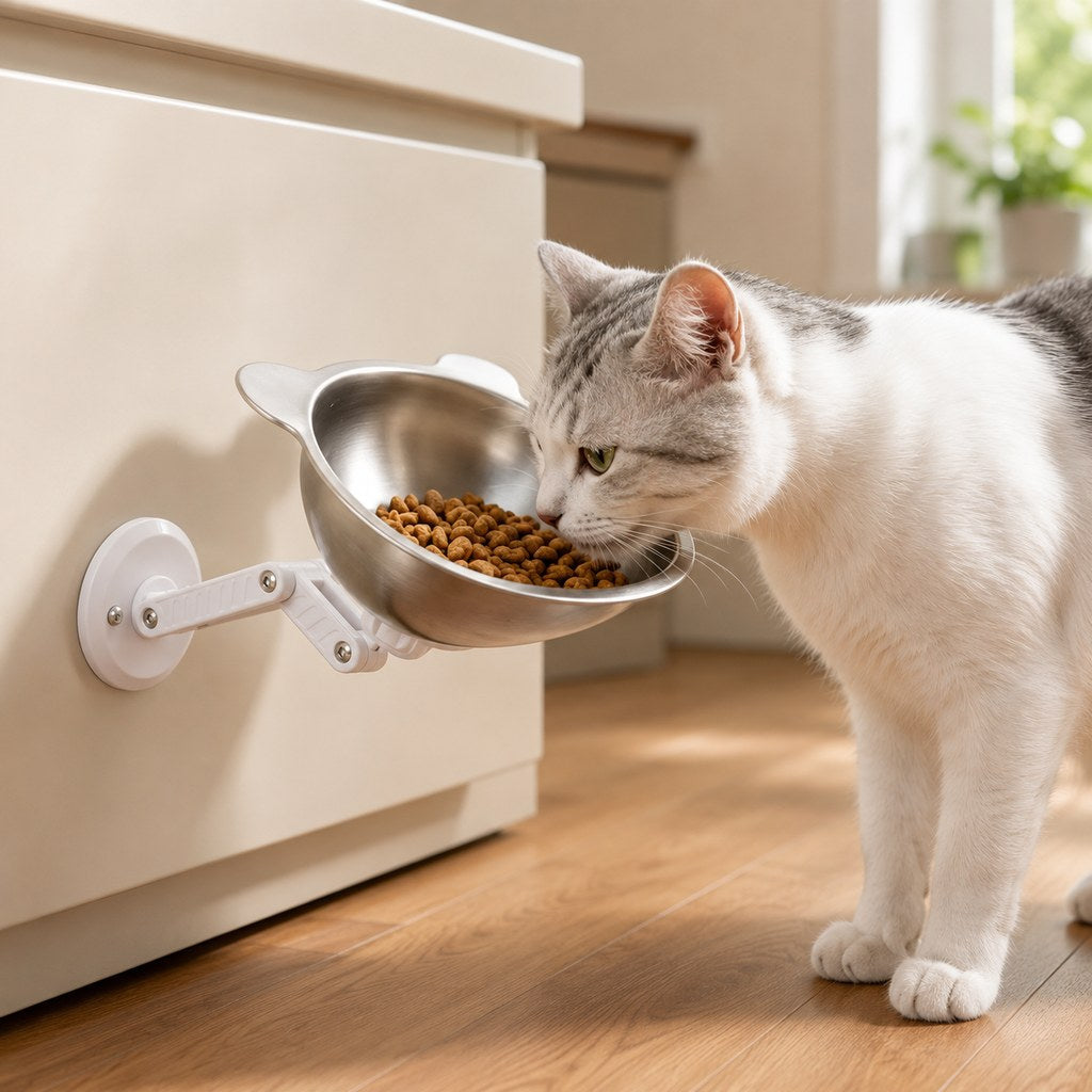 Ortekor Adjustable Wall-Mounted Pet Bowl for Cats & Small Dogs - Space-Saving Magnetic Stainless Steel Bowl