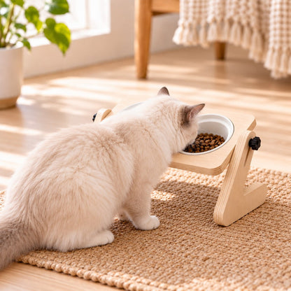 Ortekor Adjustable Wooden Elevated Pet Feeder with Double Ceramic Bowls for Cats & Small Dogs - Comfortable Feeding Station for Home Use